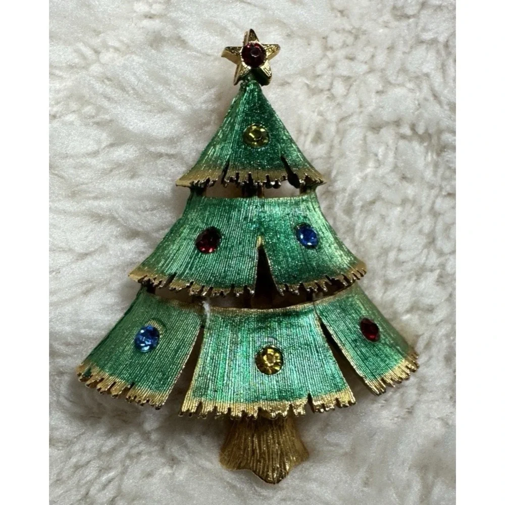 Vintage JJ Christmas Tree Brooch Green Enamel Rhinestone Book Piece Signed